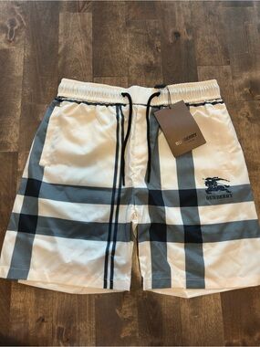 Burberry Men's White and Gray Plaid Swim Trunks
